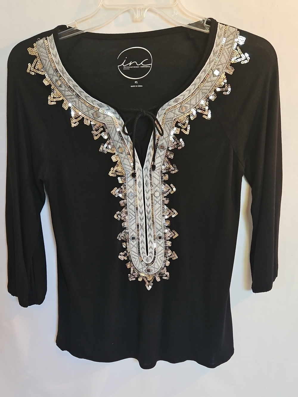 INC International Concepts Black Top with Silver Embellished V-Neck